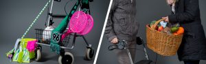 Links steht ein Rollator mit einem Wischmopp und einem Hannover 96 Schal. Rechts hilft eine Begleitung einem Senioren beim tragen der Einkäufe.